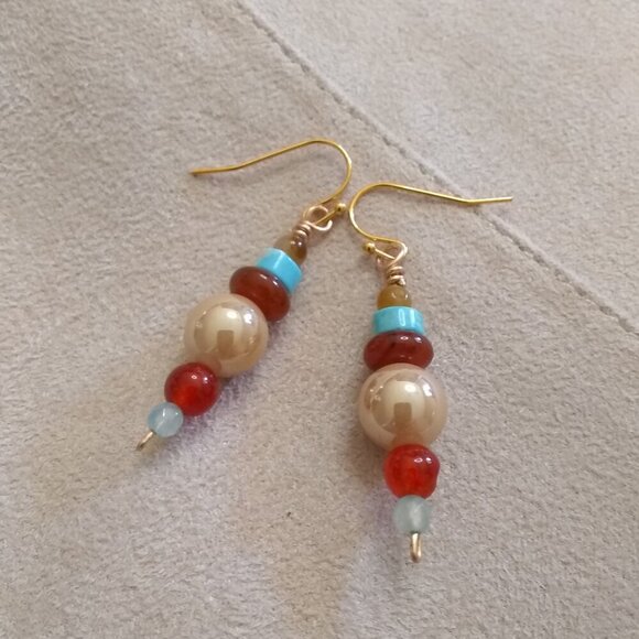 Colorful & Vibrant! Gemstone Beaded Cepter Earrings! Fall Colors! Mixed Media - Picture 6 of 9